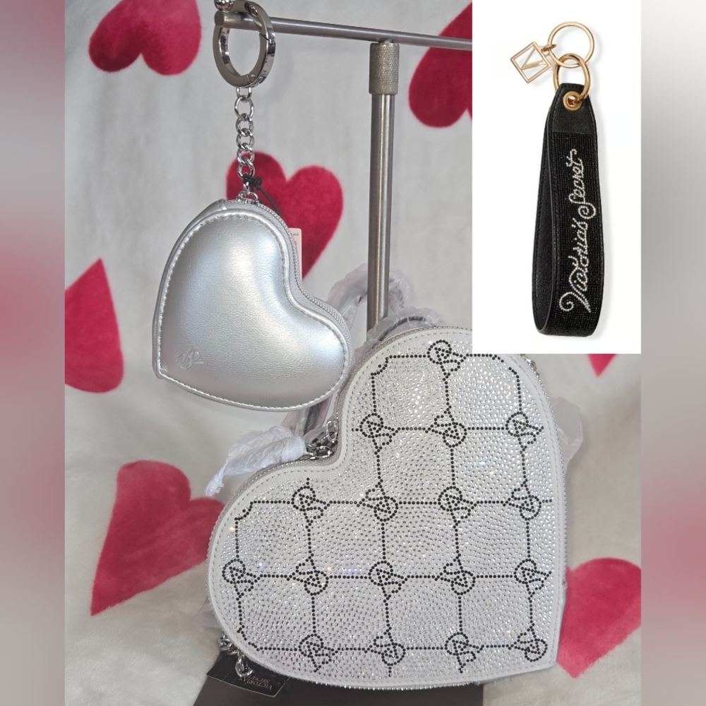 VICTORIA'S SECRET Rhinestone Heart-Shaped Crossbody, coin purse and keyc…